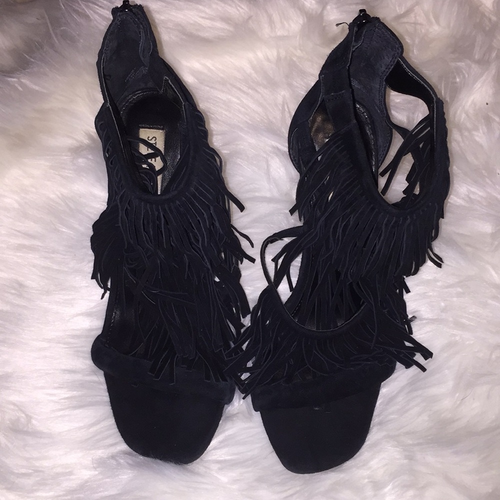 Steve Madden black fringy heels. Size 8 1/2.